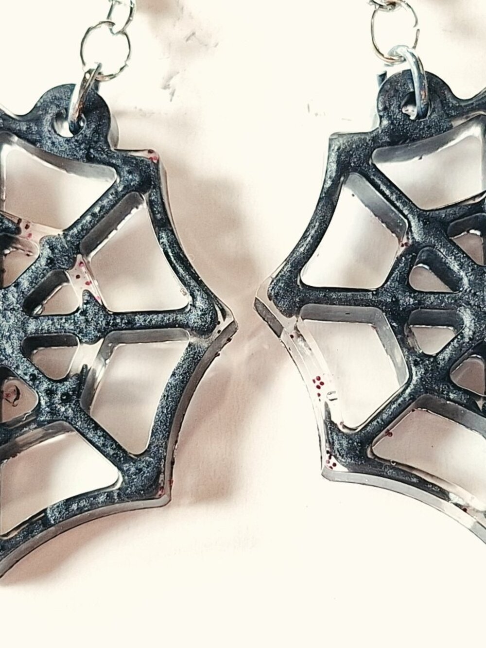 Black Spiderweb Dangle Earrings – Glossy Marbled Resin Halloween Gothic Jewelry